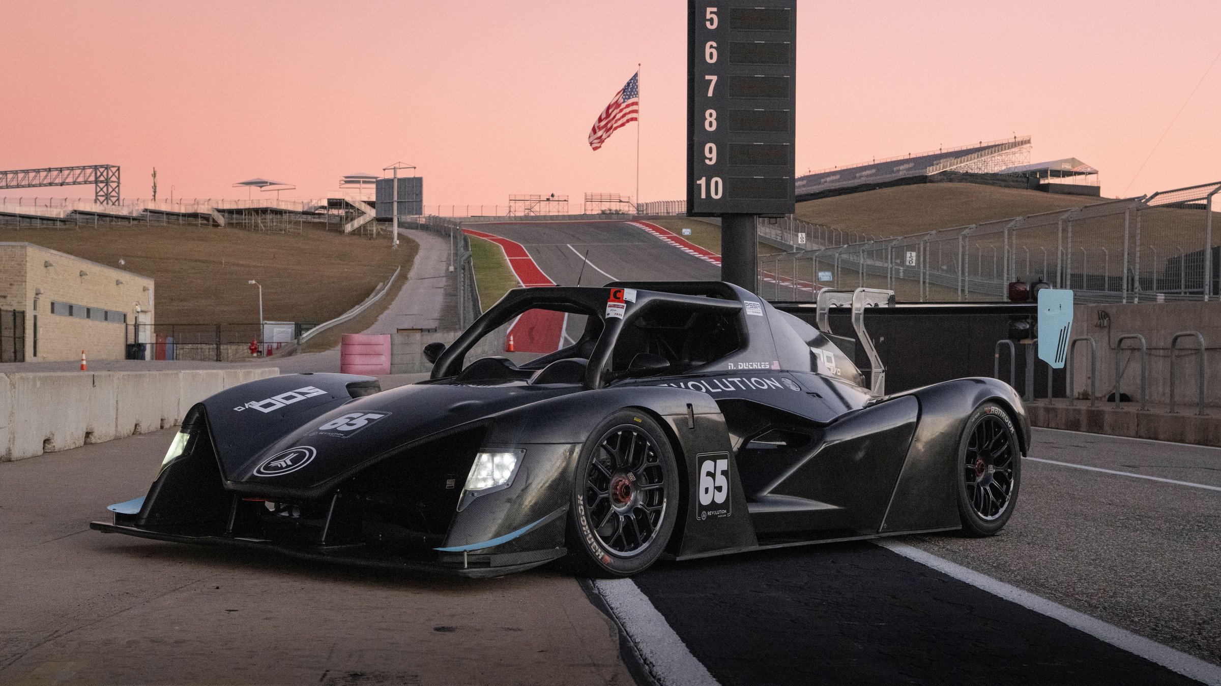 500 EVO at COTA, front three-quarter at sunset